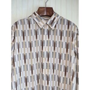 Bassiri Uomo Shirt Mens 3XL Beige Brown Geometric Microfiber Button Front Casual